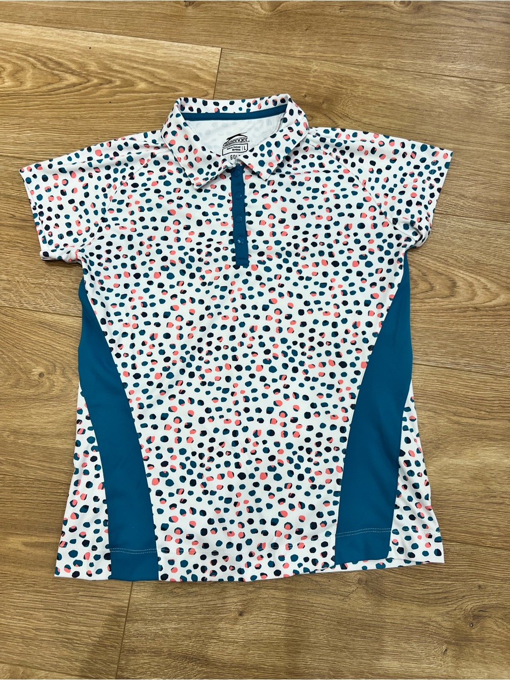 Slazenger Girls' White Polo with Teal Panels and Coral & Navy Dot Print Size L